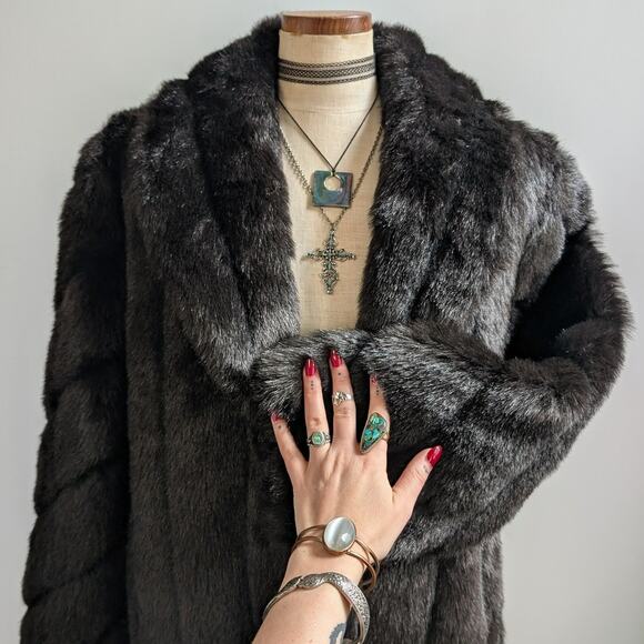 Vintage Black Faux Fur Coat Fur Trim Jacket Mob Wife Minimalist Goth Chic Medium - Picture 3 of 12